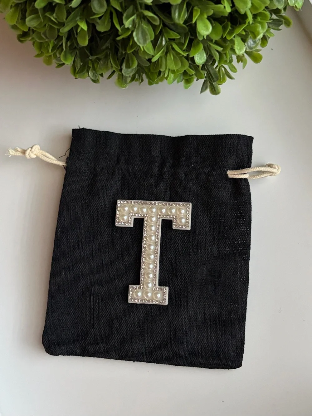 Black Drawstring Pouch with Pearl-Embellished Initial Accent - choose one